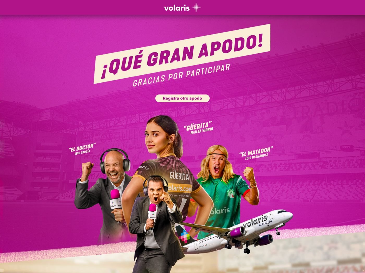 Pantalla de agradecimiento de Ponle tu apodo a un avión con los embajadores de la campaña
