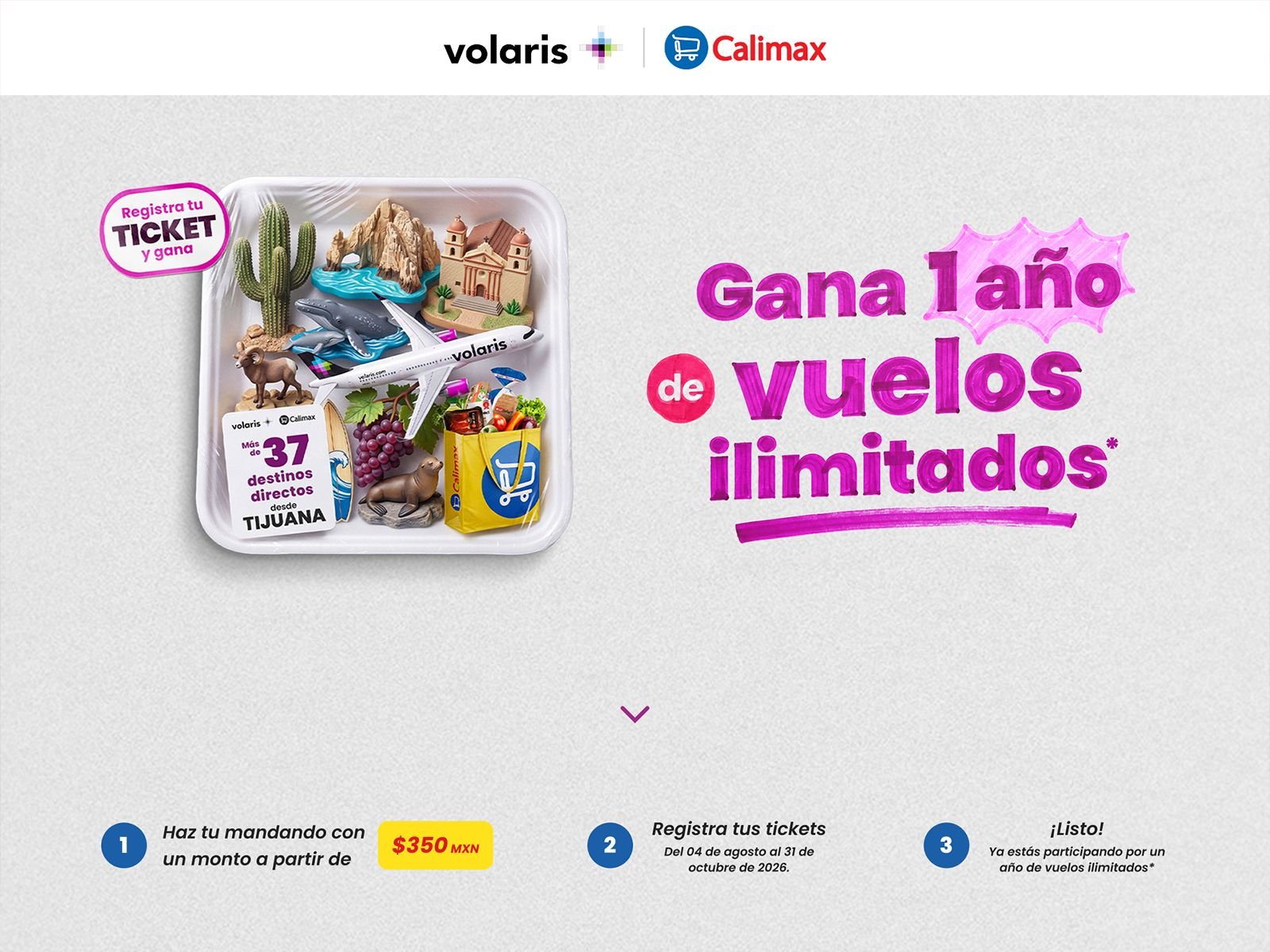 Landing de Volaris y Calimax para ganar un año de vuelos ilimitados registrando tickets