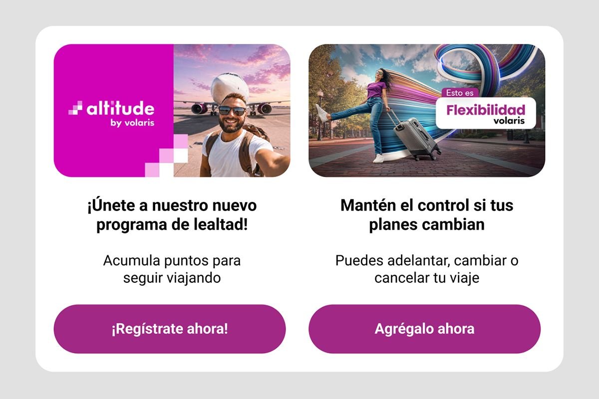 Correo de bienvenida de Volaris en español con módulos de servicios y beneficios