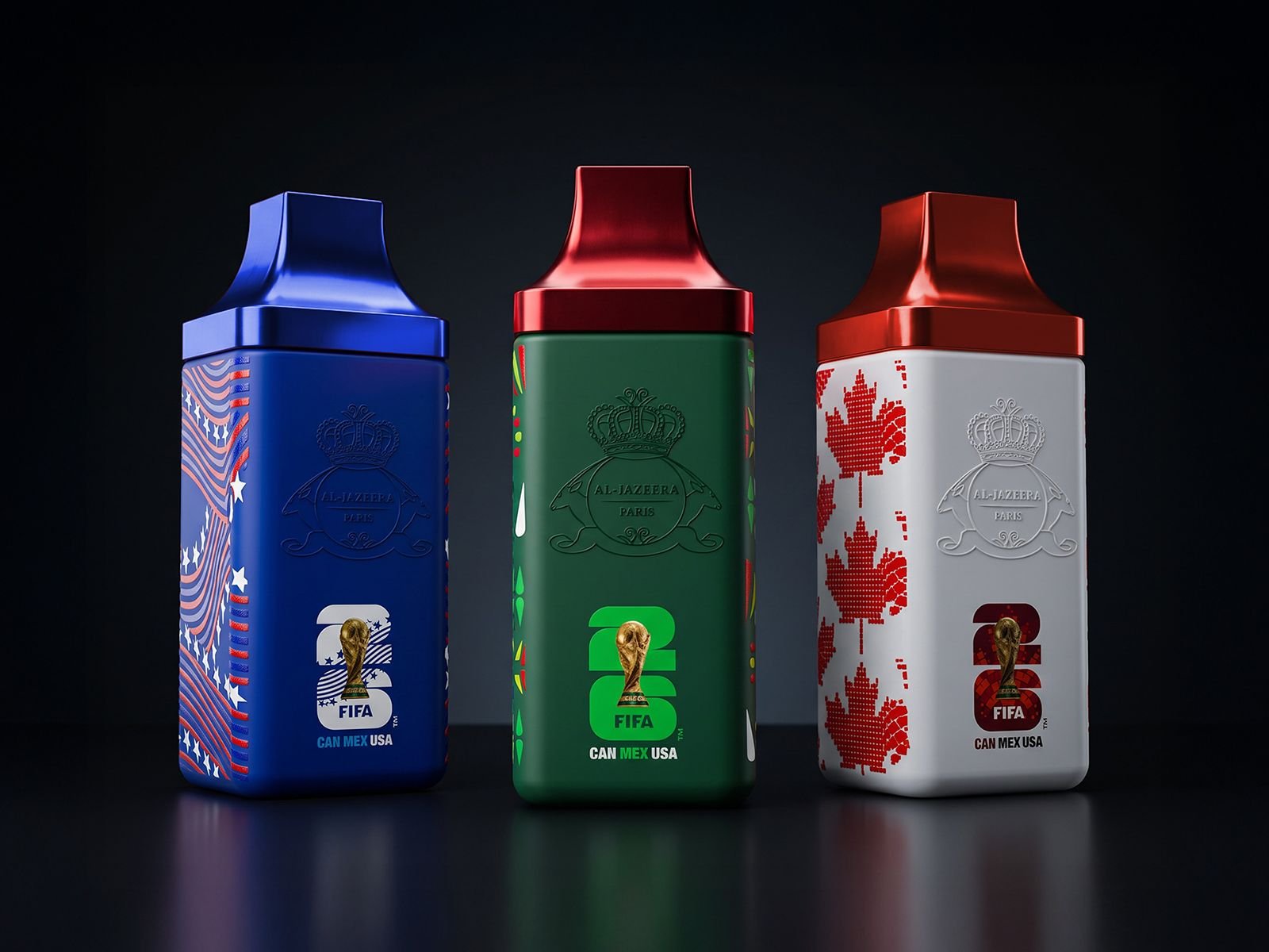 Las tres versiones del empaque Al Jazeera para FIFA 26, con los motivos de México, Estados Unidos y Canadá