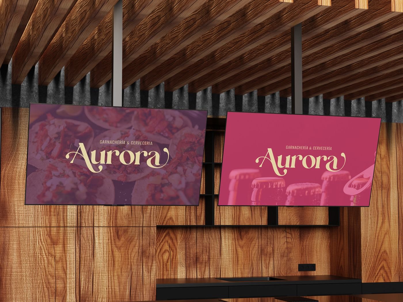 Pantallas de menú de Aurora sobre una pared de madera