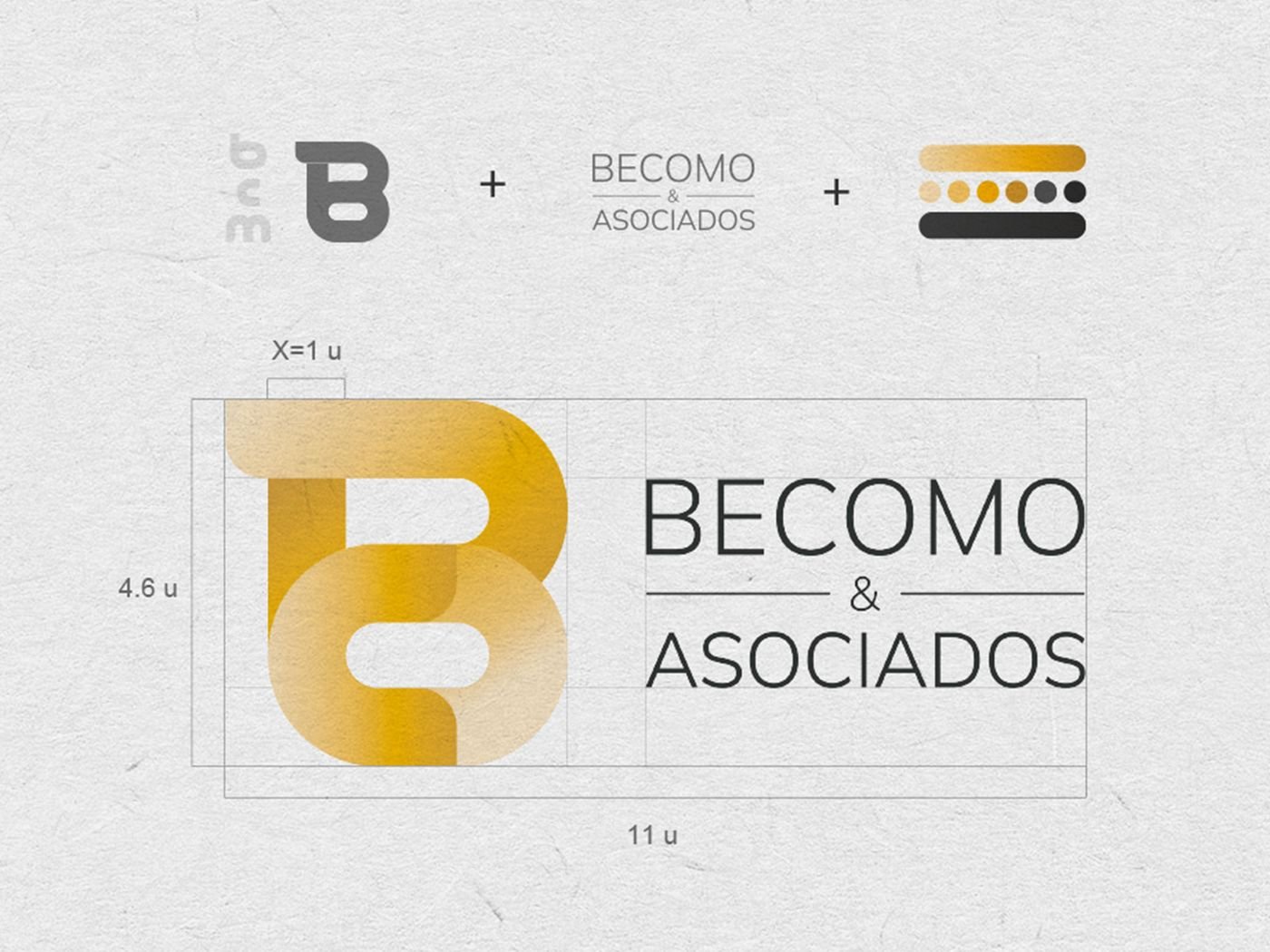 Construcción del logotipo de Becomo & Asociados con su retícula y proporciones