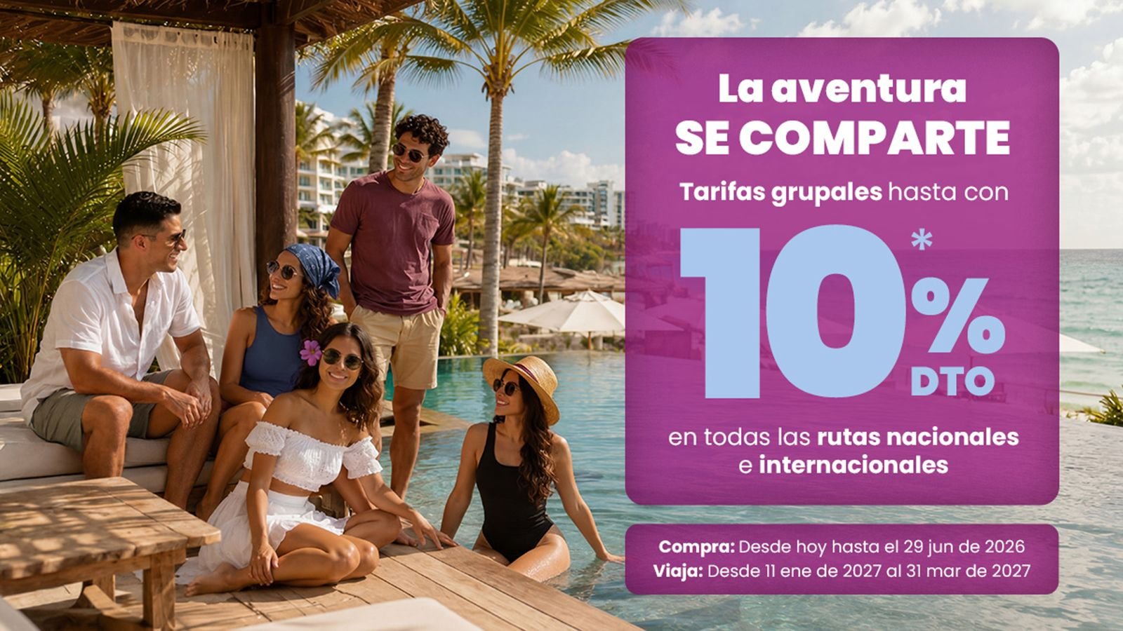 Pieza de tarifas grupales con 10% de descuento, en inglés, con un grupo de amigos en un resort