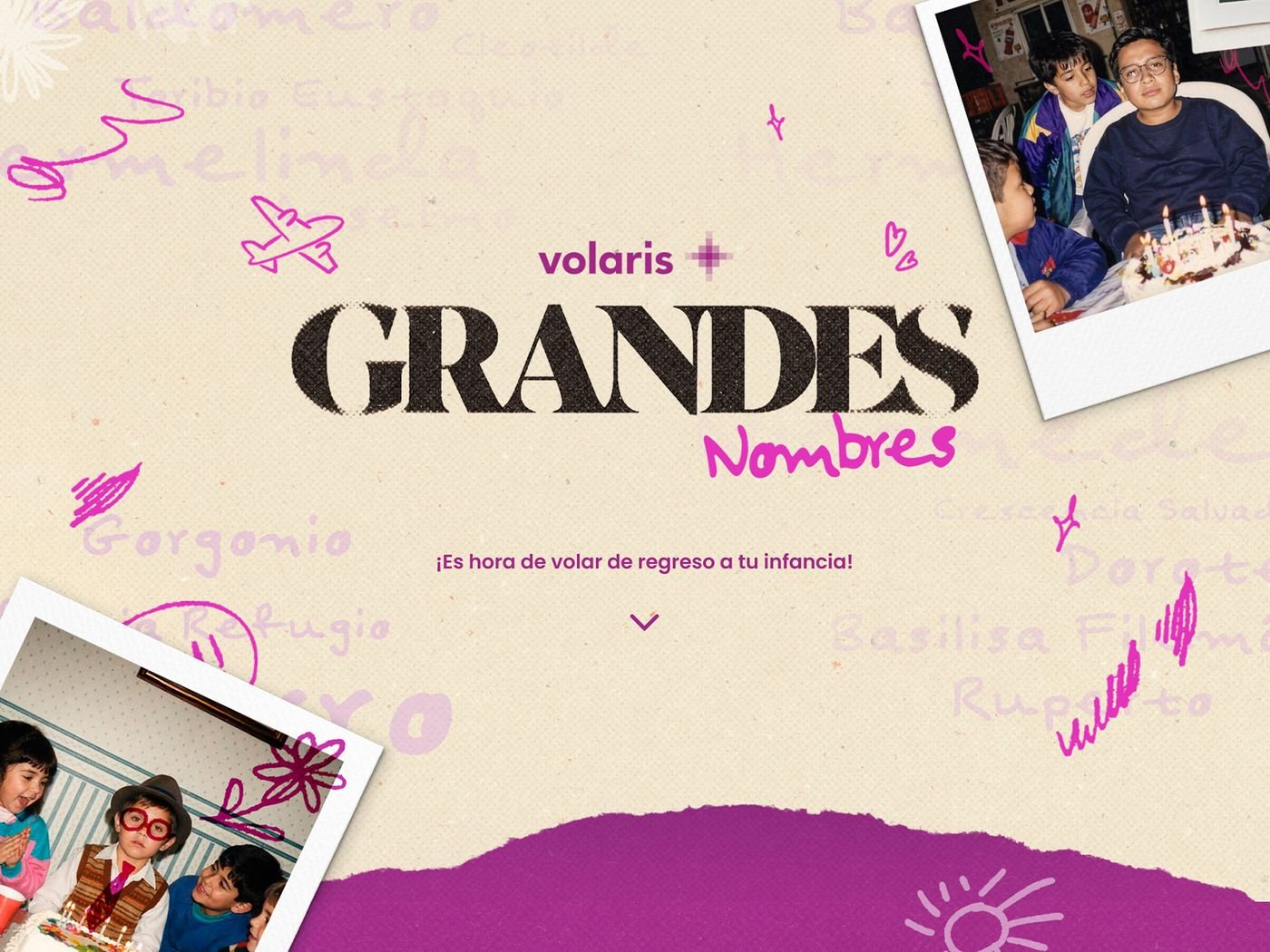 Portada de Grandes Nombres con polaroids y nombres escritos a mano