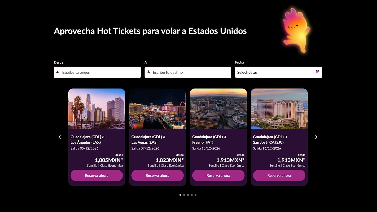 Landing de Hot Tickets de Volaris con el buscador de vuelos y la promoción de verano
