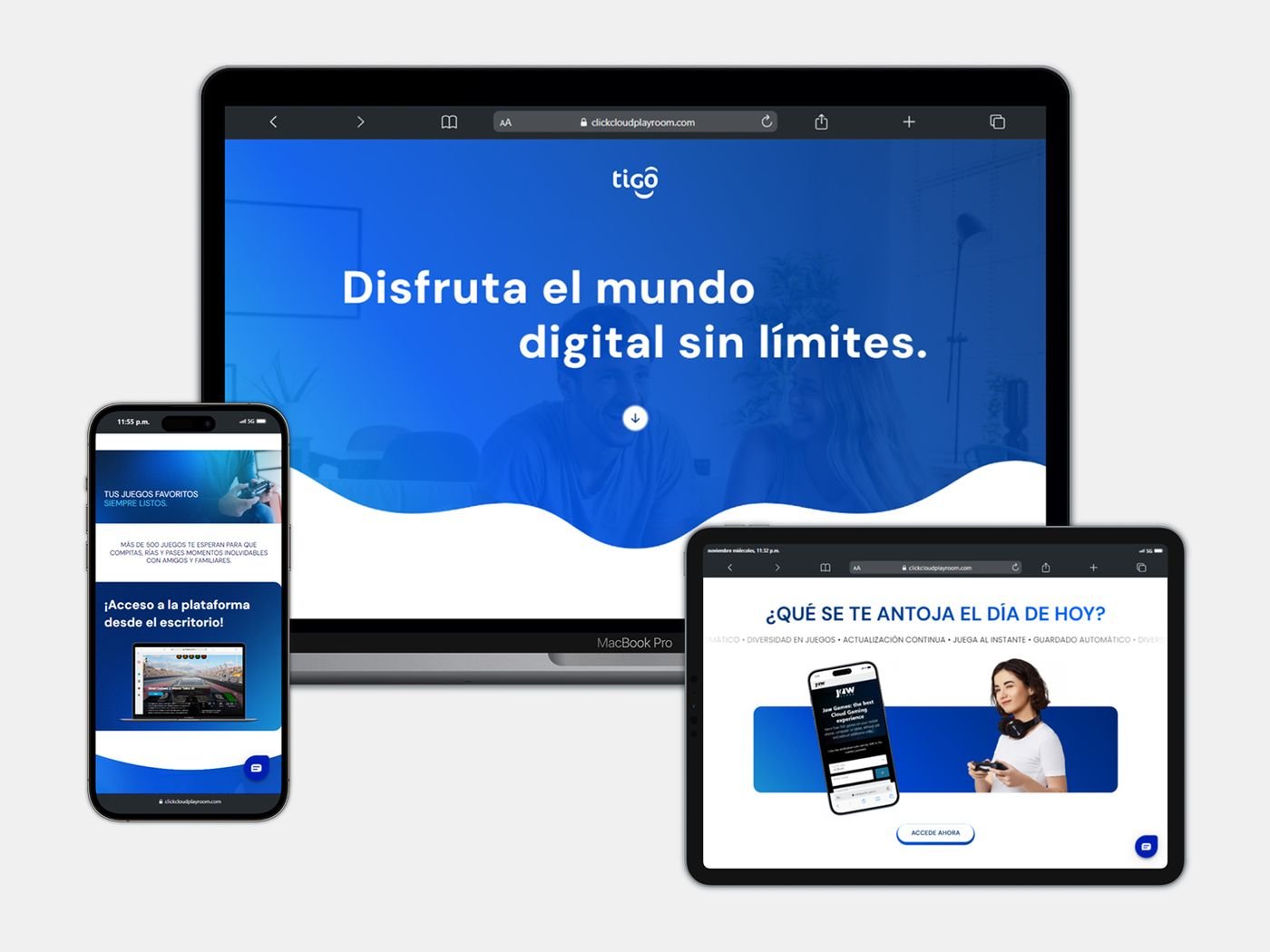 Sitio de Tigo Cloud Playroom en laptop, tablet y móvil