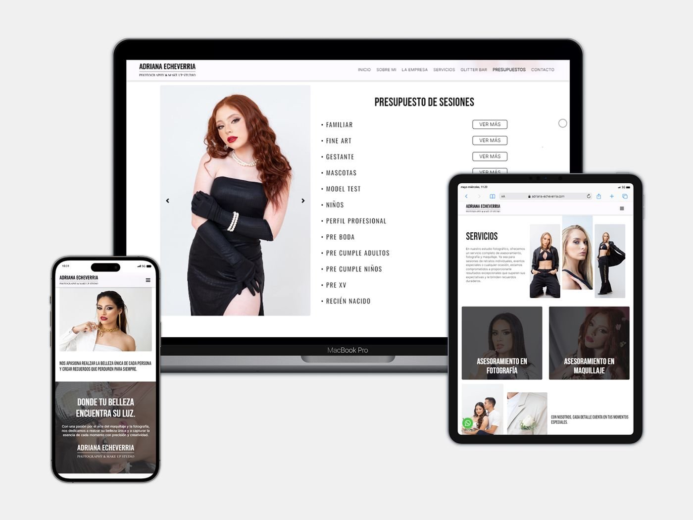 Sitio de Adriana Echeverría, estudio de fotografía y maquillaje, en tres dispositivos