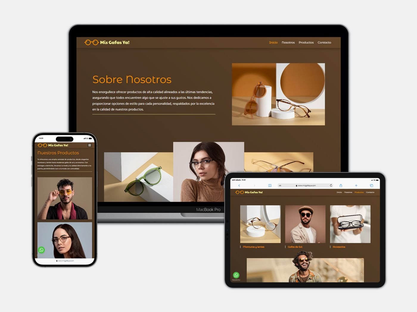 Tienda Mis Gafas Ya! mostrada en laptop, tablet y móvil