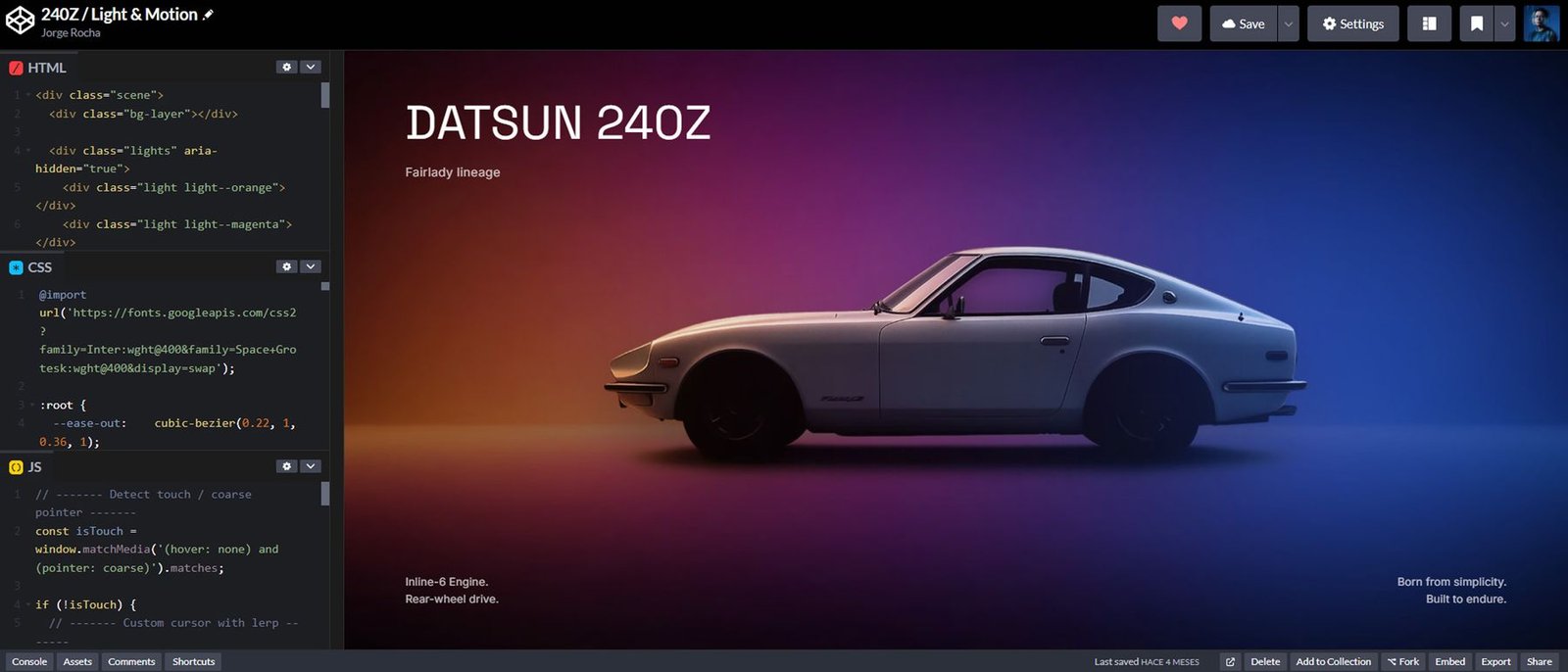 Pen de CodePen con una escena Datsun 240Z y su código HTML, CSS y JS