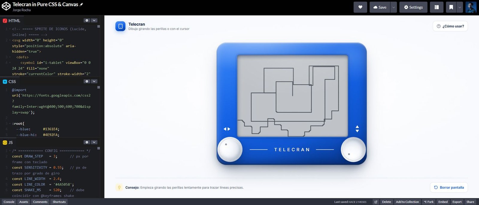 Pen de CodePen con un Telecran dibujable hecho en CSS y canvas