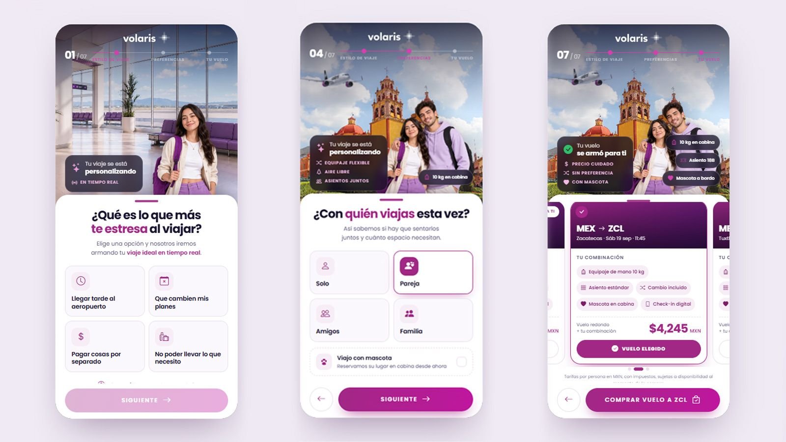 Tres pantallas del configurador de viaje Volaris con preguntas y resumen de vuelo