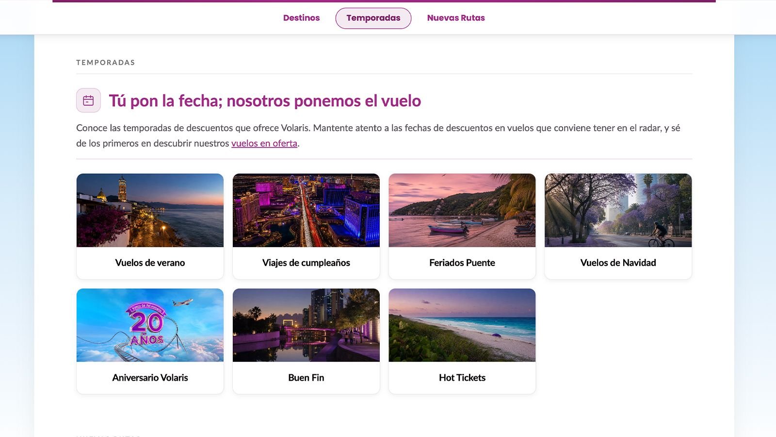 Sección de temporadas del sitio de Volaris con las tarjetas de destinos