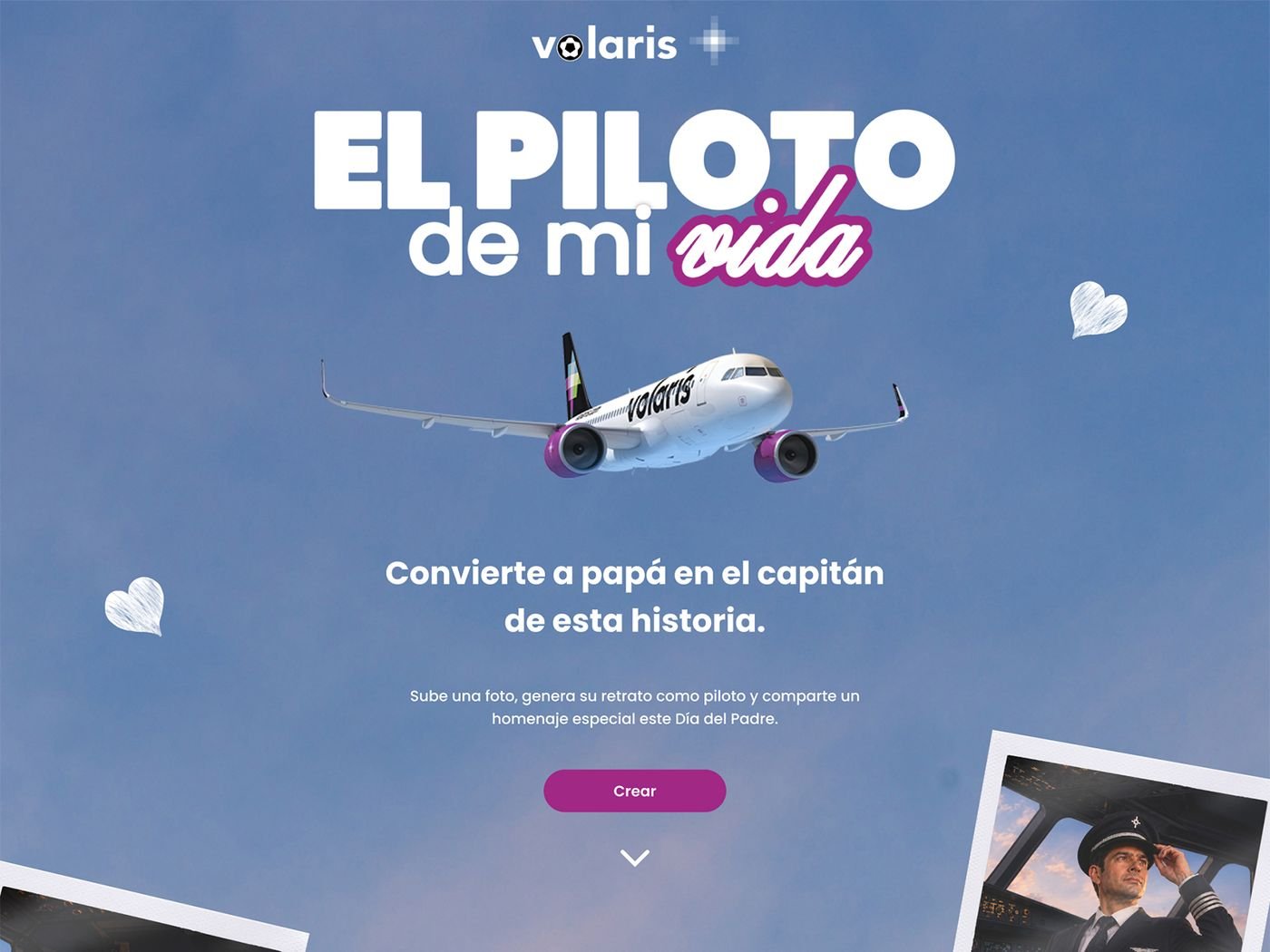 Landing de El Piloto de mi Vida con un avión de Volaris y el botón Crear