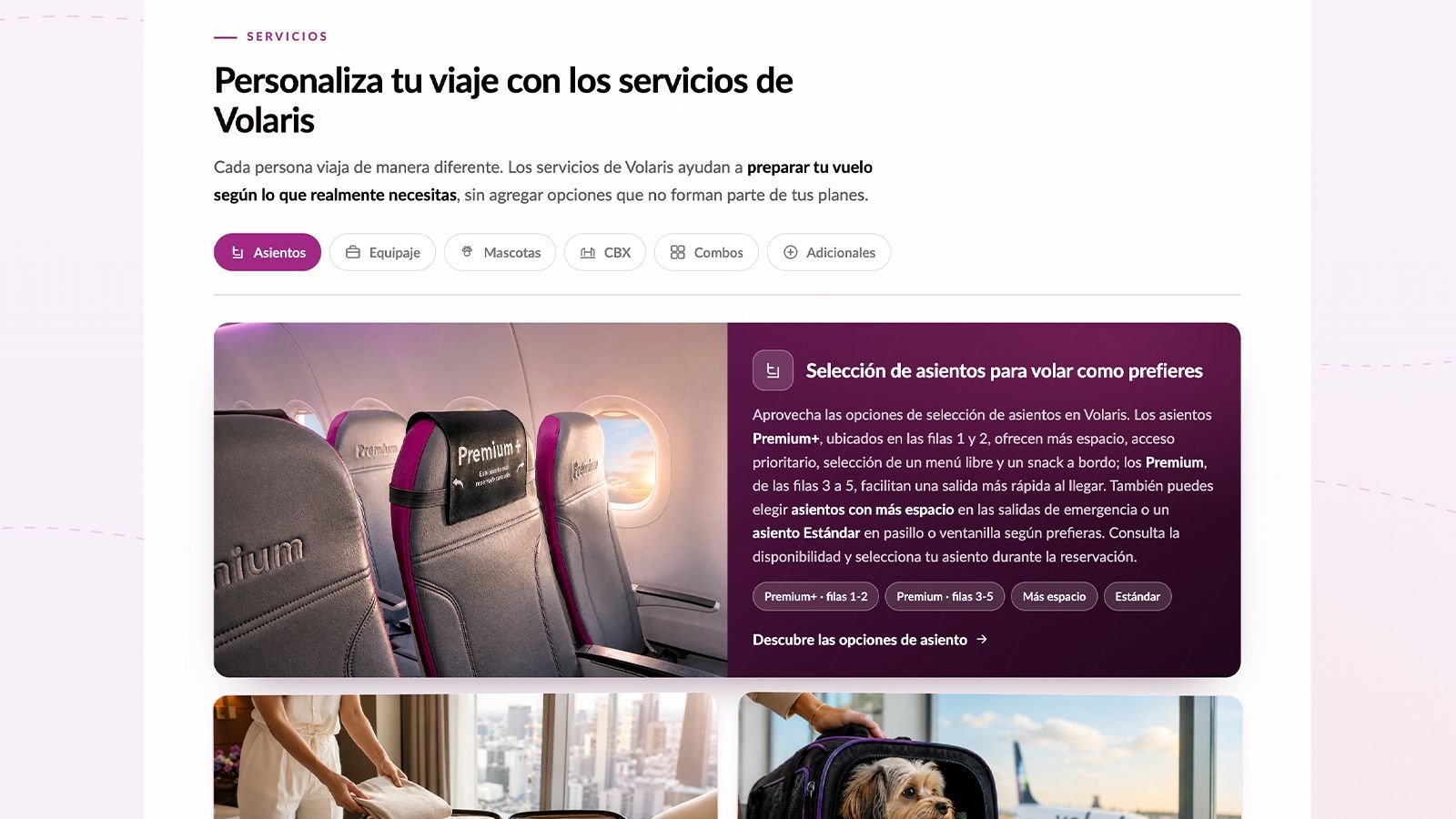 Sección de servicios de Volaris con las pestañas de asientos, equipaje y mascotas