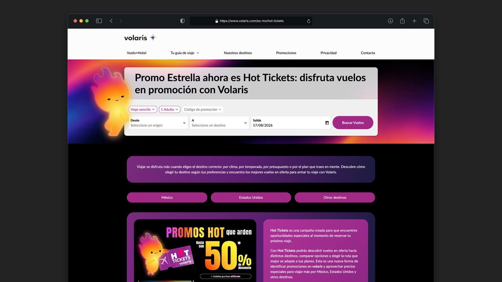Landing de Hot Tickets de Volaris abierta en un navegador