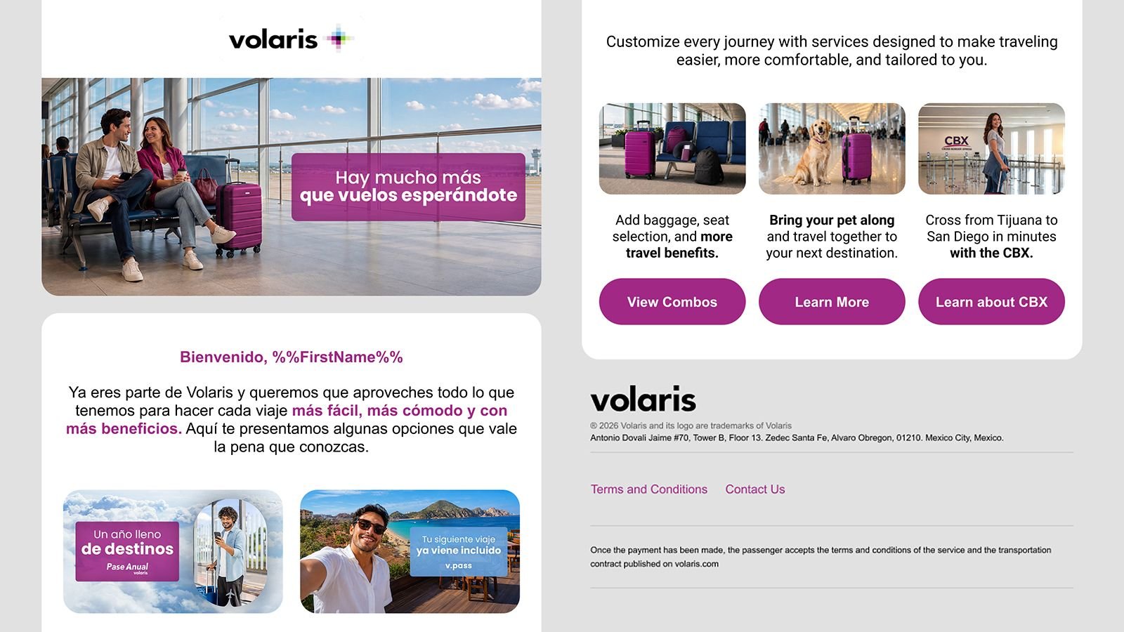 Correo de bienvenida de Volaris en español e inglés, con sus módulos de contenido