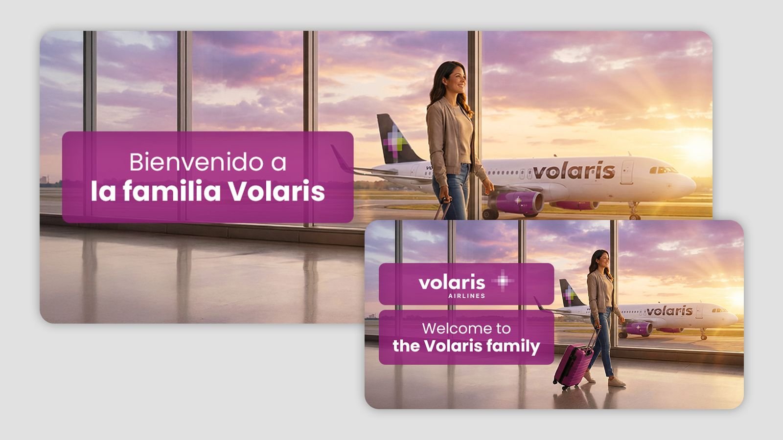 Pieza de bienvenida a la familia Volaris en sus versiones en español e inglés